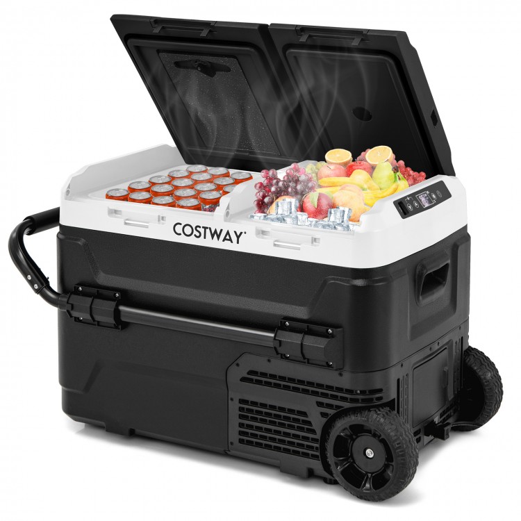 Dual zone 12V 42QT car refrigerator in black, showcasing drinks and fruits, ideal for camping and travel with wheels.